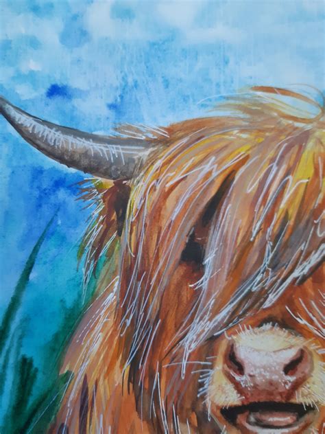 Highland Cow Painting Watercolor Original Farm Animal Portrait Etsy
