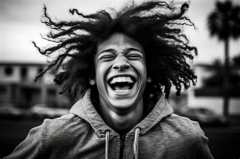 Premium Ai Image A Man Laughing With His Hair Blowing In The Wind