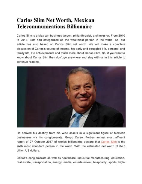 4 on forbes' list of 2016 billionaires. Carlos Slim Net Worth, Mexican Telecommunications ...