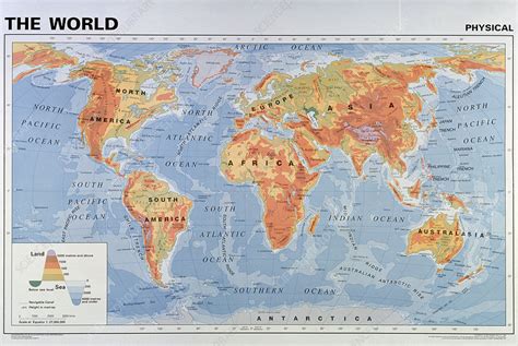 Gorgeous landforms of the world have been created in many different ways such as wind, eroding the surfaces of the world and depositing land and such soil in different places. Map of the world showing the physical geography - Stock Image - E055/0221 - Science Photo Library