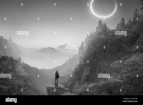 Man Standing Mountain Light Sky Black And White Stock Photos And Images