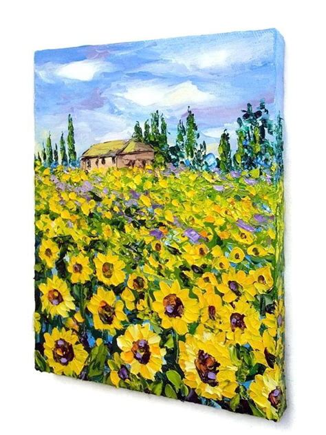 Sunflower Field Landscape Impasto Original Oil Painting Textured