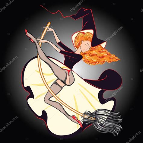 Sexy Witch In Stockings Riding A Broomstick Beautiful Witch Riding A