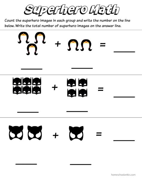 A child learns the counting at home with real world objects. Superhero Math: Kindergarten Addition Worksheet Printables ...