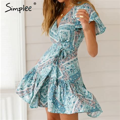 Simplee Bohemian Print Summer Dress Women Ruffled Short Sleeve Sashes Mini Dress Wrap V Neck