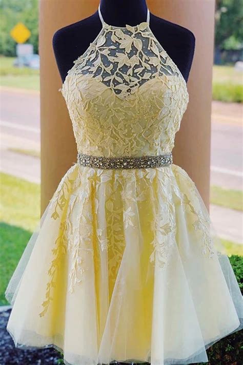 Open Back High Neck Light Yellow Short Prom Dress Homecoming Dresses
