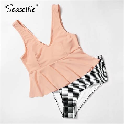 Seaselfie Sexy Pink And Striped Tankini Sets Women High Waist Bikini Swimsuit Two Pieces 2020