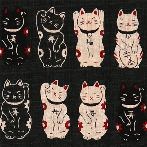 Cute Cosmo Black Dobby Fabric Maneki Neko Fortune Cats Modes4u