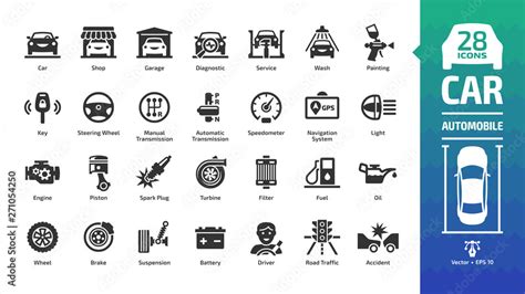 Car Icon Set With Basic Automotive Symbols Automobile Auto Service