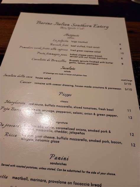Menu at Barino Italian Southern Eatery, Columbia