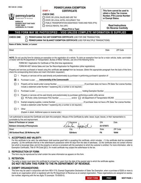 Application for tax clearance certificate. PENNSYLVANIA EXEMPTION CERTIFICATE This form cannot be used to
