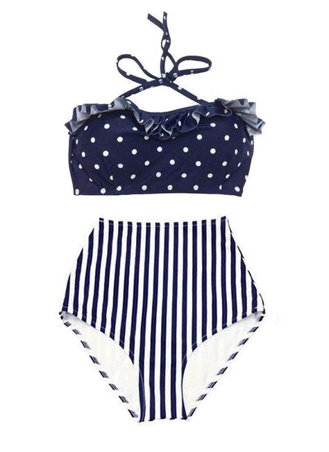 navy blue polka dot tie back top and stripe striped bottom bikini my xxx hot girl
