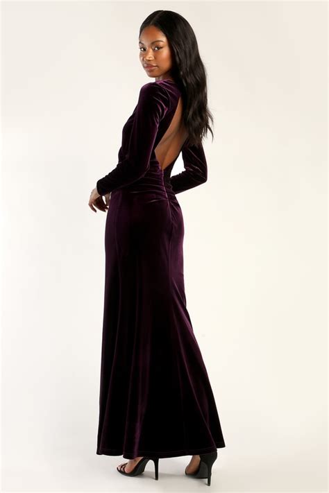 Purple Velvet Dress Long Sleeve Velvet Dress Backless Maxi Lulus