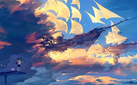 Az68 Fly Ship Anime Illustration Art Blue Wallpaper