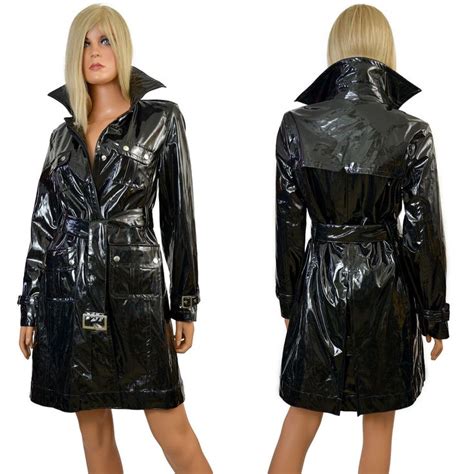 black pvc raincoat shiny wet look vinyl lined glossy trench coat george simonton denim coat