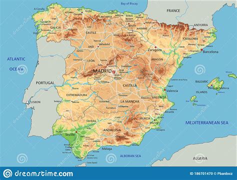 High Detailed Spain Physical Map With Labeling Vector Illustration