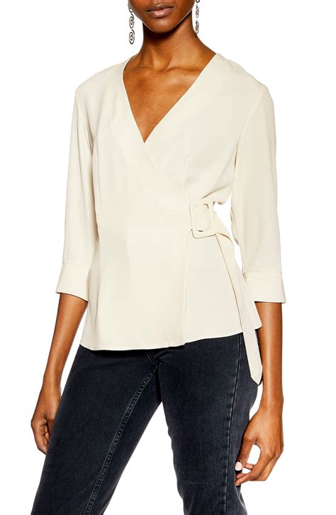 TOPSHOP Wrap Blouse in Natural - Lyst