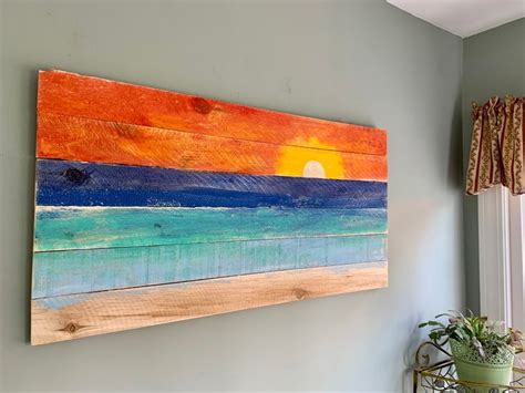 Hand Painted Sunset On Reclaimed Pallet Wood Hawaii Sunset Etsy In