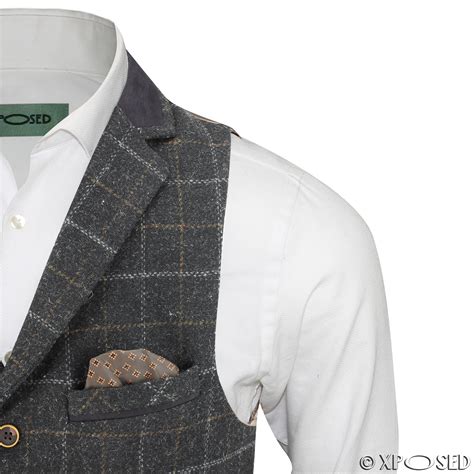 Mens Waistcoat Wool Mix Herringbone Tweed Check Velvet Collar Smart