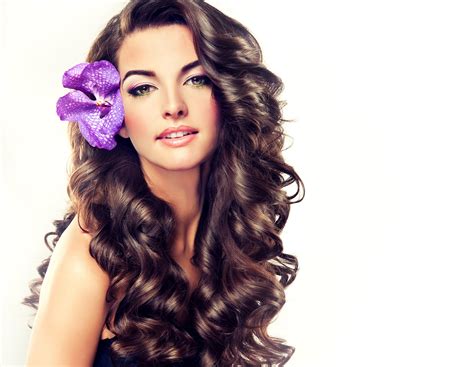 Download Beautiful Girl With Long Curly Brown Hair Flower In By