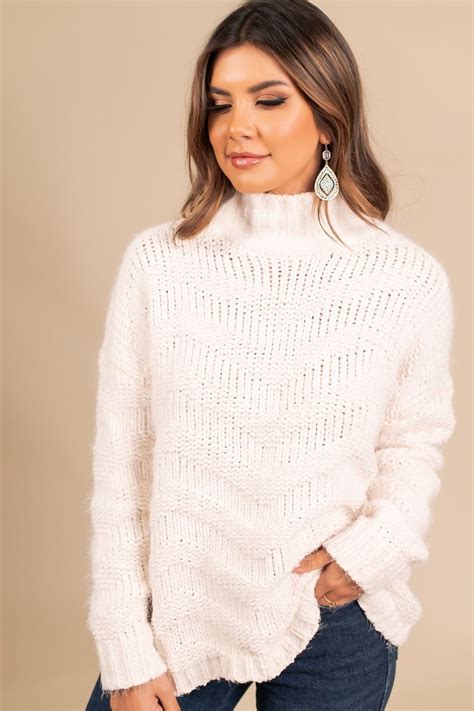 Mock Neck Chevron Chenille Sweater Cream Chenille Sweater Cool