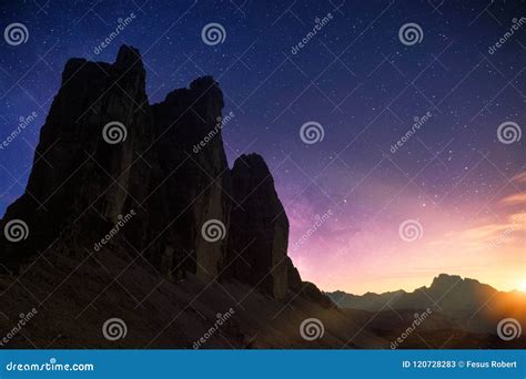 Milky Way Astrophotography With Tre Cime Di Lavaredo Stock Image