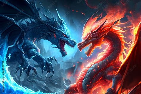 Ice Dragon Fighting With A Fire Dragon Generative Ai Stock