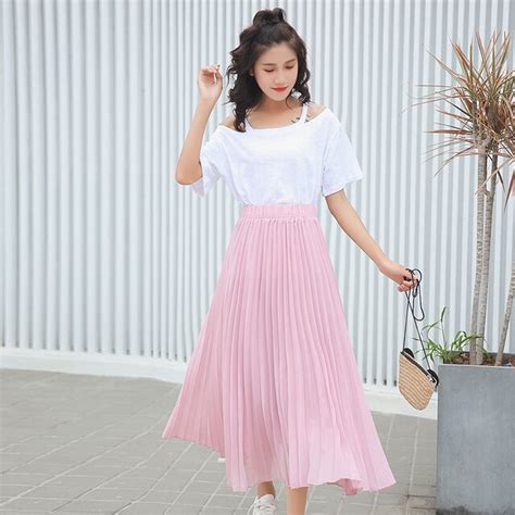 Korea Harajuku Women Chiffon Skirt Summer Thin Solid Pleated Skirts