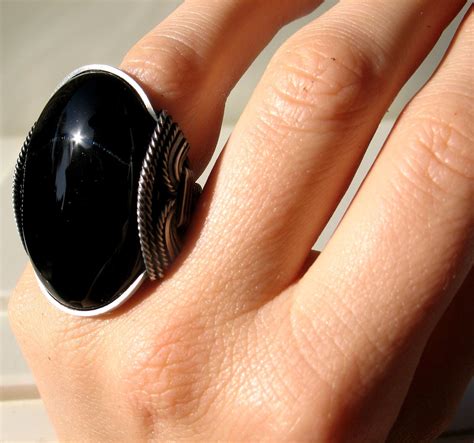 Black Onyx Ring Large Statement Ring Recycled Sterling Silver Dark