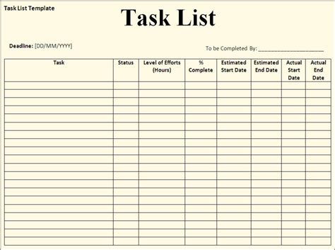 Task List Template Sample Templates
