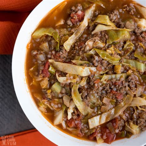 This low carb soup features ground beef, deliciously tender cabbage, and tomatoes. Unstuffed Cabbage Soup Recipe (Keto, Low-Carb) | Low Carb Yum