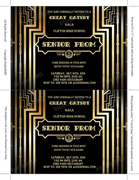 Great Gatsby Style Art Deco Prom Invitation Black And Gold Etsy