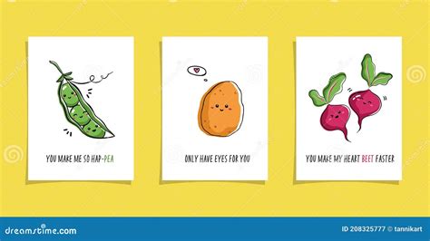 Set Of Cards With Veggies And Funny Phrases Puns With Cute Peas