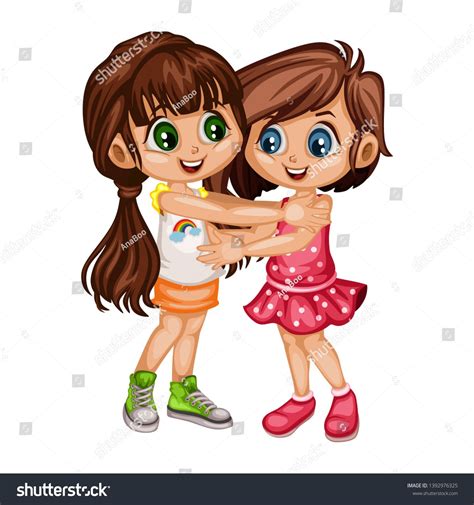 Two Lovely Happy Best Friends Girls Hugging Friends Hug Little Cartoon Girls Sisters Smiling