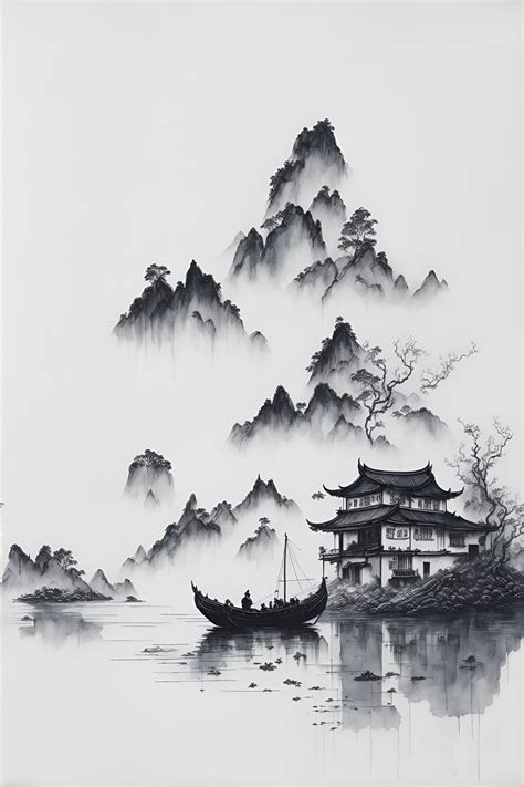 Printable Chinese Ink Painting Mountains And River Landscape Wall Art