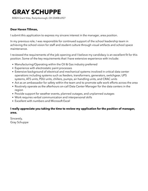 Manager, Area Cover Letter | Velvet Jobs