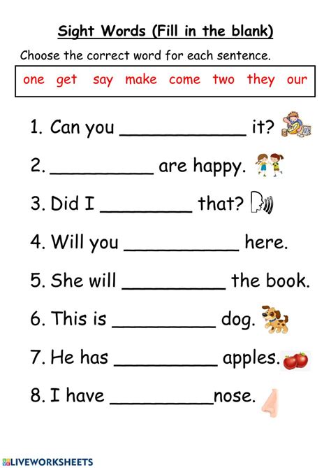 It has 5 true/false statements and 10 fill in the blanks. Sight Words online worksheet