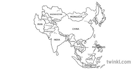 Mapa De Blanco Y Negro Asiático Ilustración Twinkl