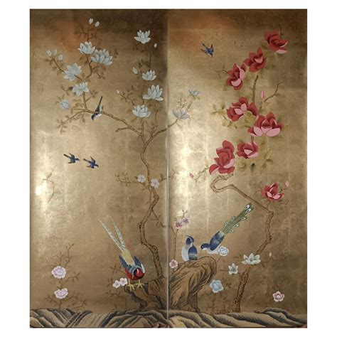 Magnolia Chinoiserie Panels Hand Painted Wallpaper On Gold Metallic For