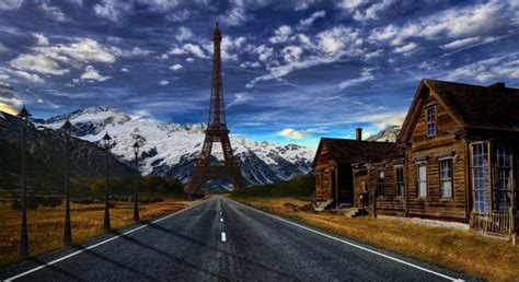 Desert Road Mountain Eiffel Tower Photo Manipulation Photoshopped