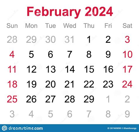 Monthly Calendar Of February 2024 On Transparent Background Stock Photo