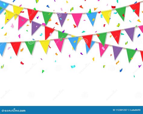 Festive Background With Colorful Confetti And Flags Party Banner Stock