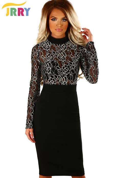 JRRY Sexy Hollow Out Lace Women Dresses Long Sleeve Turtleneck Zippers
