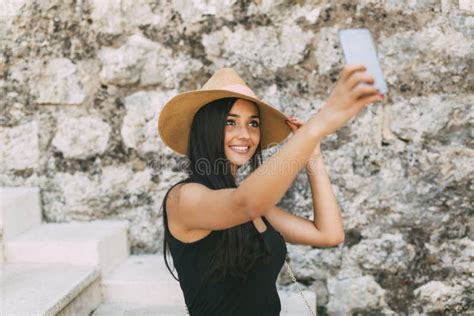 Beautiful Brunette Taking Selfie Stock Image Image Of Happy Brunette 89830617