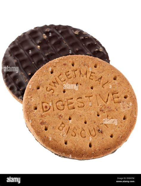 Two Sweetmeal Digestive Biscuits Half Covered In Dark Chocolate Stock