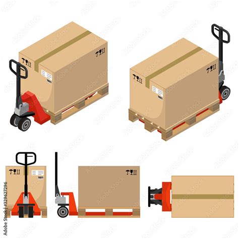 Hand Pallet Truck With A Cardboard Box Top View Front And Side View