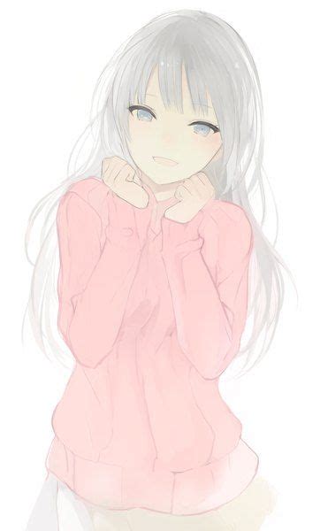 An Anime Girl With Long White Hair And Blue Eyes Wearing A Pink Shirt