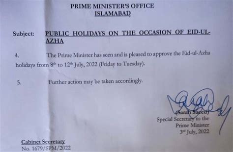 Fed Govt Announces 5 Day Eid Ul Adha Holiday