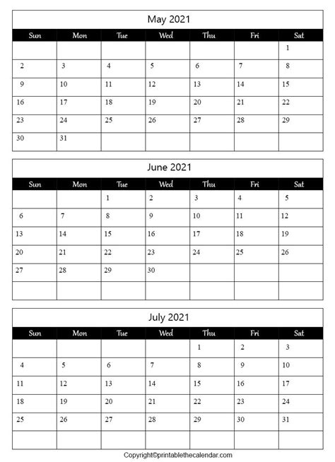 May June July 2021 Calendar Free Printable Template Printable The