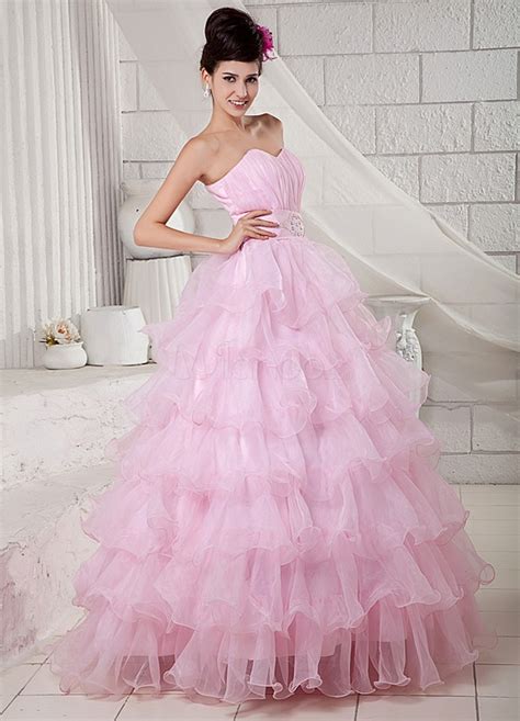 Pink Strapless Beading Organza Satin Ball Gown 13699 Ball Gowns